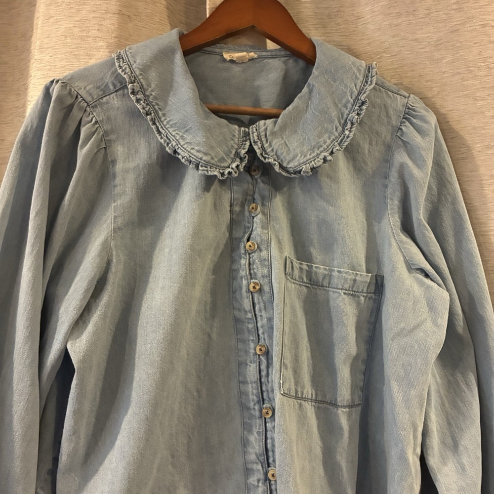 Pilcro Women's XL Blue Cotton Denim Ruffle Collar Long Sleeve Button-Up Shirt - Picture 3 of 5